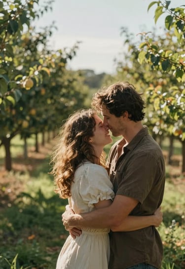 Candid photography of a couple embracing in a cinematic sun-drenched orchard in the North American / US countryside, warm lighting, natural and authentic joy, cinematic depth.