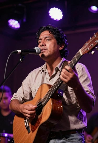 A soulful performance shot in a dimly lit intimate music venue. Muted mauve purple and dark midnight purple stage lights illuminate the scene, capturing an authentic South American musical moment.