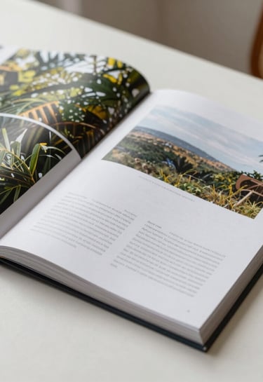 Professional photography of a minimalist magazine layout, thick matte pages showing clean typography and nature-inspired photography, displayed in a bright South American / Brazilian interior.