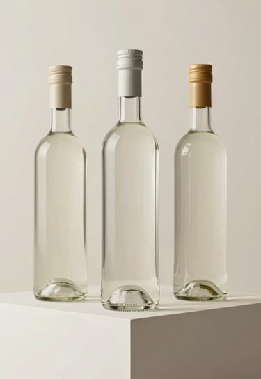 Commercial product photography of glass bottles on a white podium, neutral background in off-white tones, clean and precise lighting, elegant aesthetic, International Professional.
