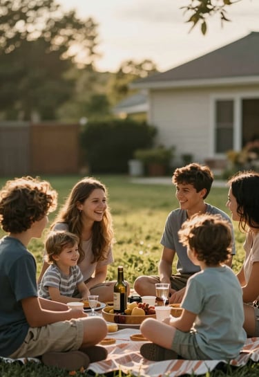 A lifestyle photograph of a family picnic in a North American / US backyard. Warm golden hour lighting, cinematic depth of field, focused on laughter and genuine interaction.