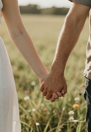 A light and airy portrait of a couple holding hands in a sun-drenched meadow in North American / US (West Michigan). Sophisticated and approachable style with soft focus and warm earth tones.