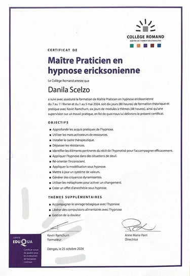 Diplôme de Maître Praticien en hypnose ericksonienne du Collège Romand – Danila Scelzo, cabinet Hypnonaute à Genève, ASCA.