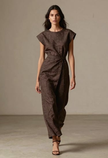 An elegant haute couture portrait of a model wearing a structured dark mocha linen dress, walking through a serene Brazilian archival gallery. Soft dramatic side lighting, generous negative space, sophisticated magazine style, soft cream and warm alabaster ambient colors.