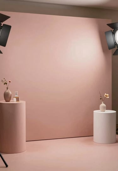 An elegant event photobooth setup with a customized backdrop in dusty rose, featuring stylish props and high-end professional lighting in a festive Middle Eastern / Gulf celebration.