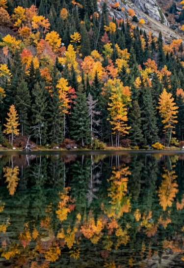 A crisp, still reflection of autumn forest foliage on a clear mountain lake, North American wilderness setting, high-resolution landscape photography with natural lighting.