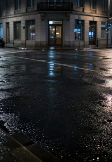 A sharp, clean street photography shot of an empty wet urban intersection at night, reflecting dim city lights, deep charcoal and cool blue color story, cinematic and elegant.
