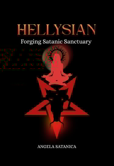 Hellysian Forging Satanic Sanctuary book cover featuring a red pentagram and a meditating silhouette.