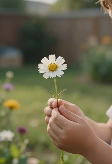 Detailed close-up of a child's hands holding a wildflower in a US backyard garden, warm sun-drenched environment, cinematic depth of field, authentic feel.
