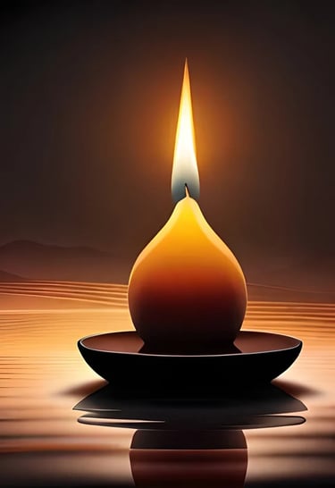 Illustration of a lit candle on a body of water, with mountains in the background