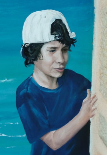 Portrait d'un garçon, avec une casquette, peint dans une fresque murale. Saône et Loire, 71.