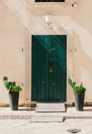 itahome luxury Rustic dark green wooden door on a beige stone wall flanked by potted cactus plants.