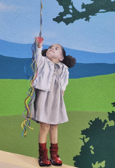 Fresque peinte: une fillette tient une grappe de ballons, debout sur un muret, Jura, Viry (39).