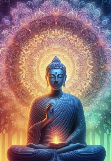 Photo of a sitting buddha statue, with multi-colored lights and patterns surrounding it