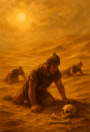 Soldados persas exaustos atravessando dunas do Saara sob sol escaldante.