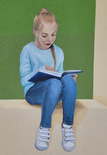 Détail d'une fresque peinte: une fillette assise sur un mur, lit un livre. Viry, Jura (39).