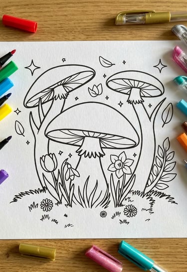 Mushroom coloring page illustration on a wooden desk with colorful markers and glitter pens.