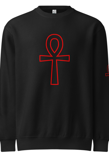 Black crewneck sweatshirt featuring a bold red Egyptian ankh symbol outline printed on the chest.