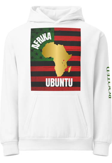 White Afrika Ubuntu hoodie featuring a gold Africa map over a Pan-African flag design.