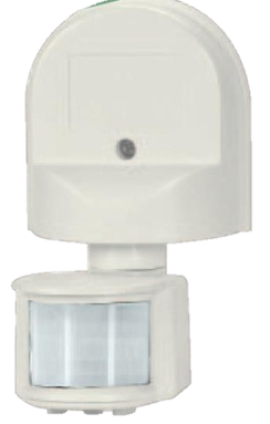 White outdoor PIR motion sensor for security lighting and home automation systems.