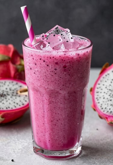 Glass jars filled with pitahaya jam and smoothies on a wooden table