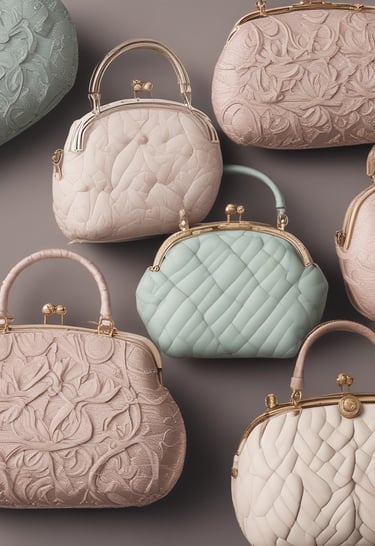 A neatly arranged collection of fashion accessories, including a beige handbag with a metallic clasp and tassel, a small plush teddy bear with a burgundy ribbon, and a pair of black-framed eyeglasses. The items rest on a textured background with floral patterns and typography. Several pieces of jewelry, such as rings, earrings, and a black bracelet, are placed on a magazine with a glossy page featuring more accessories.