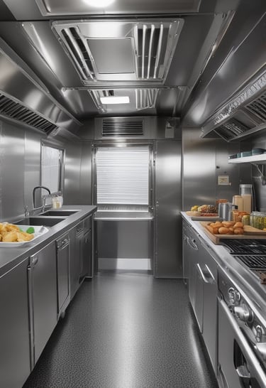 A food truck is set up beside a historical building, with palm trees and a beige stone facade. Several people are gathered around the truck, reading menus and placing orders. The setup includes a canopy tent for shade and menu boards displaying colorful food images.