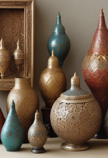 A shop window displays a variety of decorative and crafted items. There are copper pots with a shiny finish, ceramic mugs with floral patterns, and a plate featuring a traditional art design depicting people in colorful attire. The background shows more decorative objects and possibly textiles, adding to the artisanal and cultural theme.