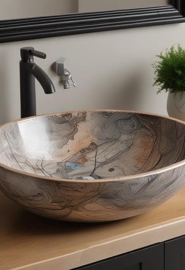 A variety of handmade ceramic items are displayed on a light brown surface. These include colorful plates with floral designs, a large green bowl, several decorative pieces shaped like flowers, leaves, and other nature motifs. Prices are marked with numbers written on small pieces of paper placed next to some items.