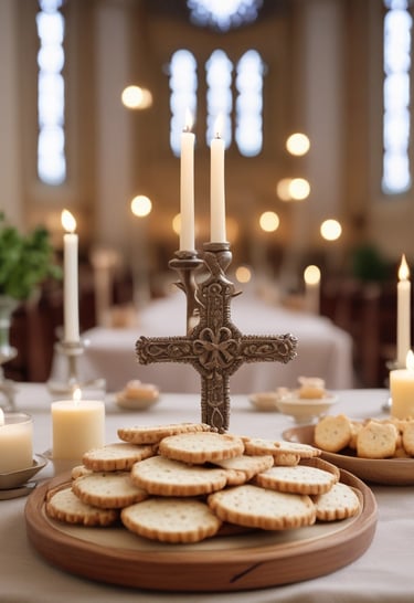 A wooden surface displays multiple small appetizers arranged in neat rows. Each appetizer consists of a crunchy cracker base topped with a dollop of cream cheese, a piece of yellow-tinted jelly, and garnished with various colorful edible flower petals.