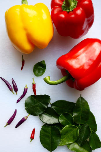 peppers, Thai chillies and lime leaves, Asian ingredients