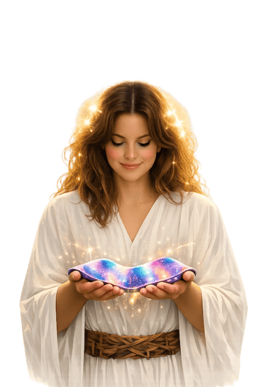 Person in white holding a sash glowing with frequencies, in her hands.Symbolizing wellbeing and curiosity