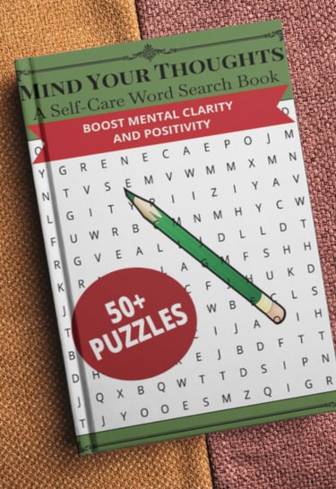 Mind Your Thoughts self-care word search book with a pencil on a textured surface.