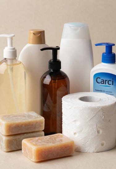 A close-up of natural bath products like soaps and lotions with tropical flowers and leaves around them.