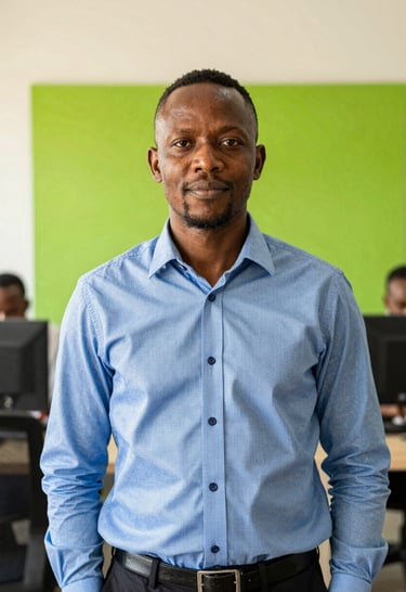 Authentic portrait of a professional Batswana man in a modern Gaborone work environment, warm editorial photography, bright natural daylight, clean corporate blue and green tones, shallow depth of field, 35mm