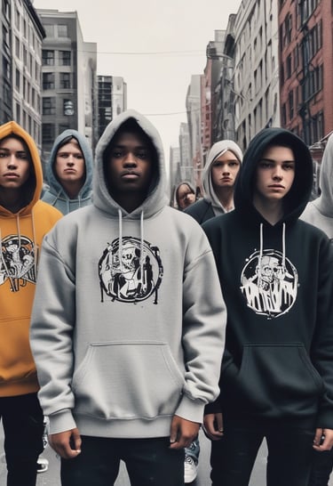 A group of friends wearing diverse streetwear pieces, laughing and hanging out in an urban park.