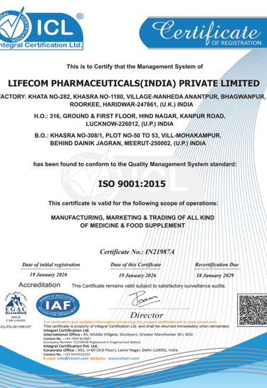 ICL Certificate Lifecom Pharma