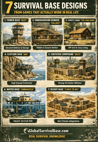 Infographic showing 7 survival base designs inspired by video games that actualy work ini real life