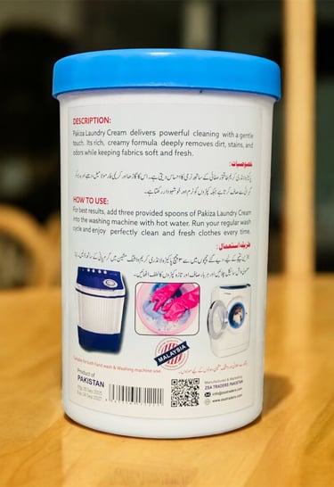 Back view of Pakiza Laundry Cream jar by ZSA Traders Pakistan showing usage instructions, ingredients, and product details fo