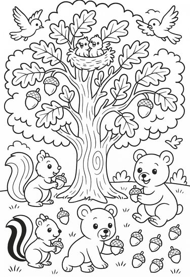 woodland animals and oak tree