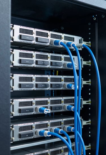 A sleek server room glowing with blue lights representing internet connectivity.