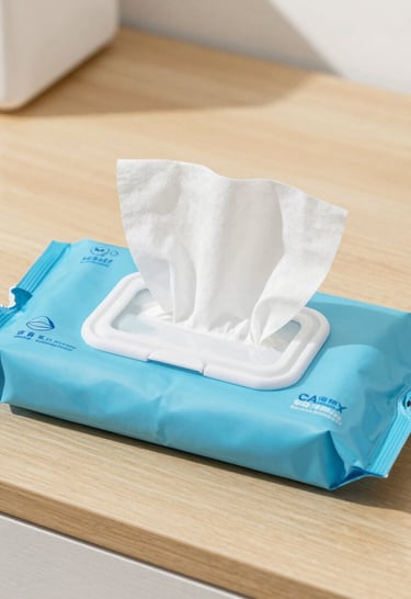 Cleaning brushes and sponges with eco-friendly packaging on wooden surface
