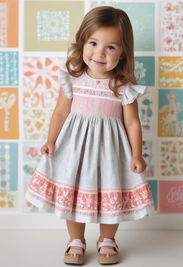 A group of children dressed in elegant smocked outfits, standing together in a softly lit room.