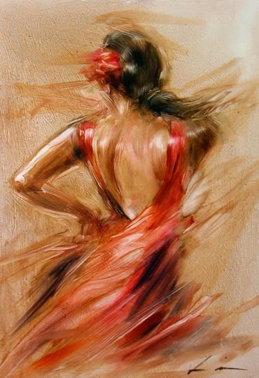 Pintura al óleo sobre tabla de una bailaora flamenca de espaldas con vestido rojo, en un movimiento dinámico y expresionista.