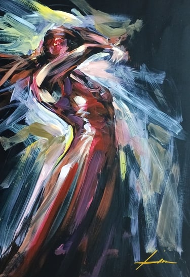Pintura abstracta de una figura flamenca con trazos vibrantes que representan el quejío y la expresión del arte de Sevilla.