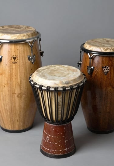 Selection of drum hardware like pedals, stands, and drum keys displayed neatly on a black background.