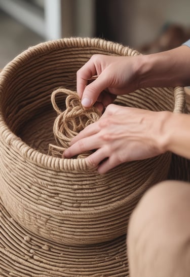 Close-up of artisan hands weaving a jute rope basket