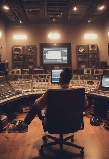 A group of young musicians collaborating in a creative space.