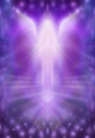 A beautiful angel of light against a violet, purple backdrop, a flourescent shadow with orbs dappled into the foreground.