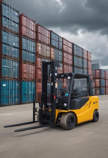 A forklift is parked in a concrete area near a brick wall. Two men are engaged in a conversation near the forklift, and a motorcycle is parked nearby. There is vegetation climbing on the wall and reaching towards an overhanging roof.